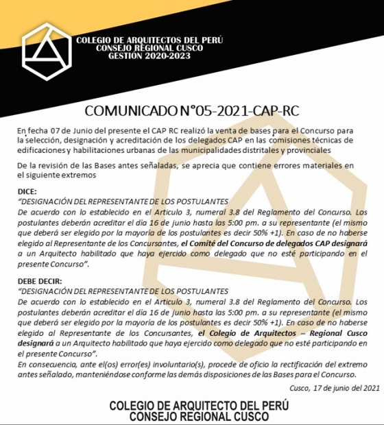 Comunicado N° 05-2021-CAP-RC