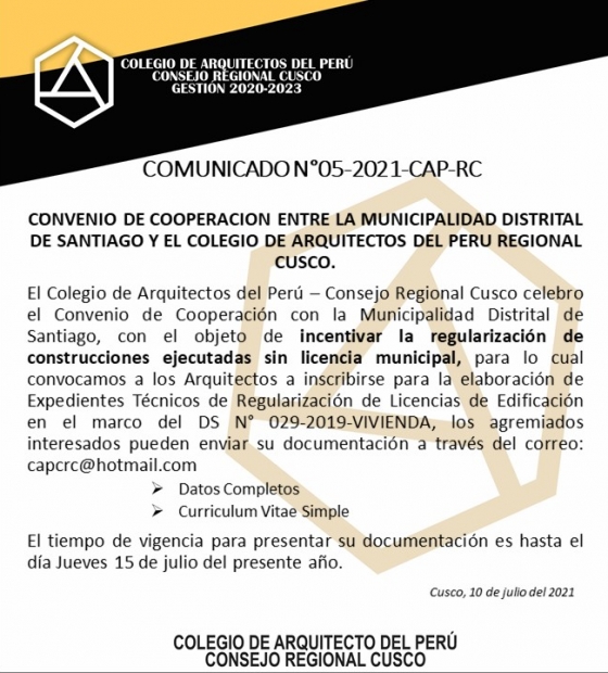 Convenio de cooperación entre la Municipalidad Distrital de Santiago y el Colegio de Arquitectos del Perú Regional Cusco