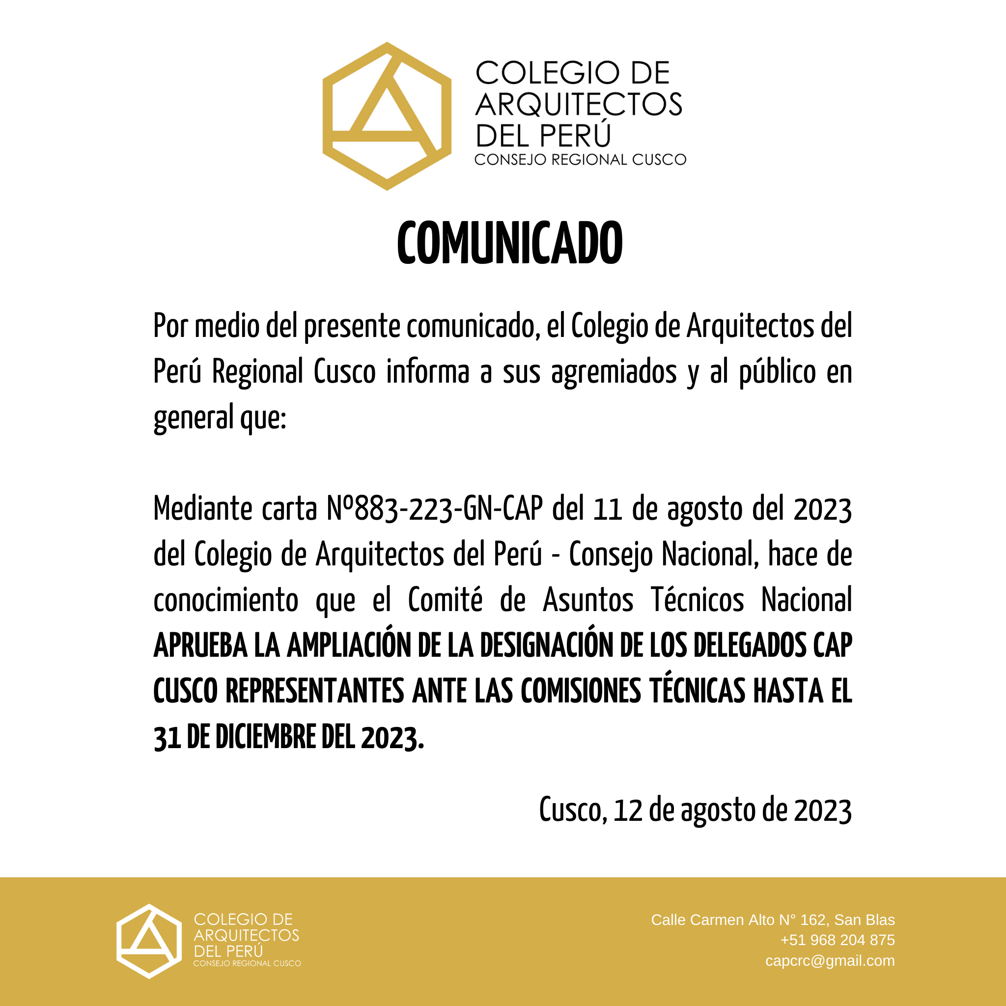 COMUNICADO - AMPLIACIÓN DE LA DESIGNACIÓN DE LOS DELEGADOS CAP CUSCO