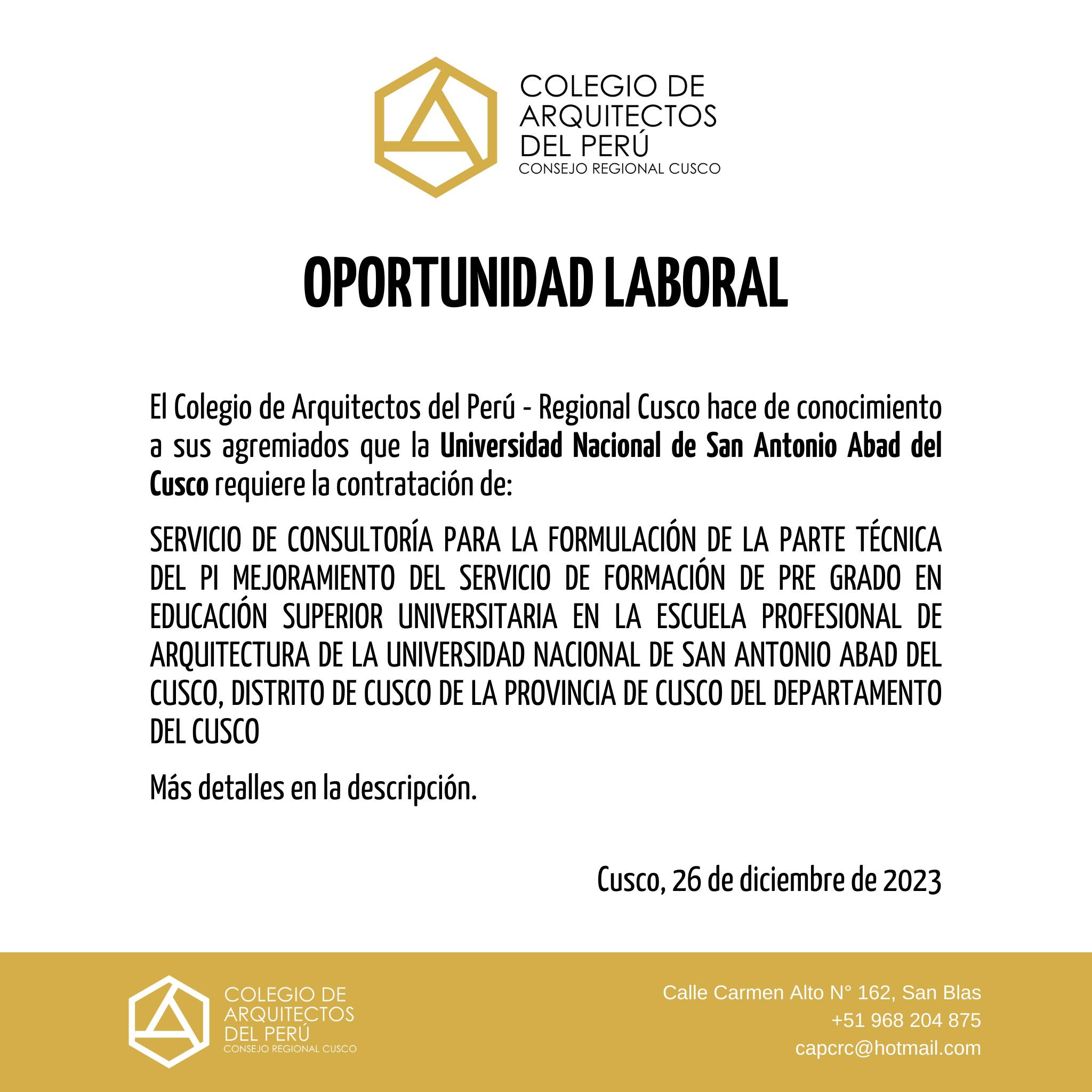 OPORTUNIDAD LABORAL - UNIVERSIDAD NACIONAL DE SAN ANTONIO ABAD DEL CUSCO